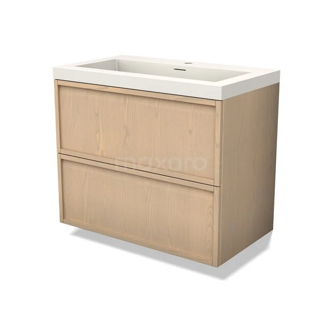 Wooden washbasin unit with light oak finish, double drawers and ceramic washbasin, ideal for modern bathrooms.