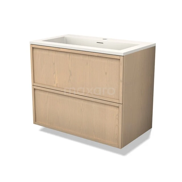 Wooden bathroom cabinet with two drawers, a built-in white sink, and a minimalist design for a modern bathroom style.