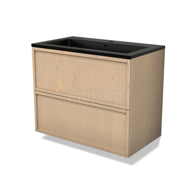 Houten badkamermeubel met zwarte wastafel, modern design, twee lades, ideaal voor een stijlvolle en functionele badkamer.