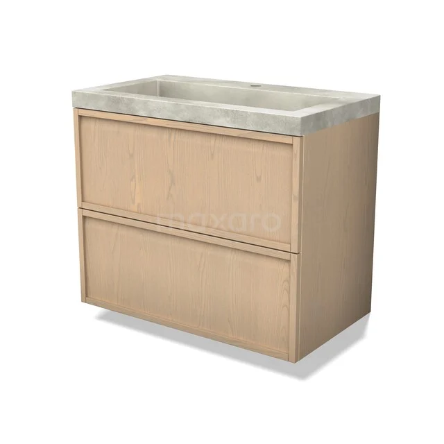 Houten badkamermeubel met twee lades en een grijs natuurstenen wastafelblad, ideaal voor moderne badkamerinrichtingen.