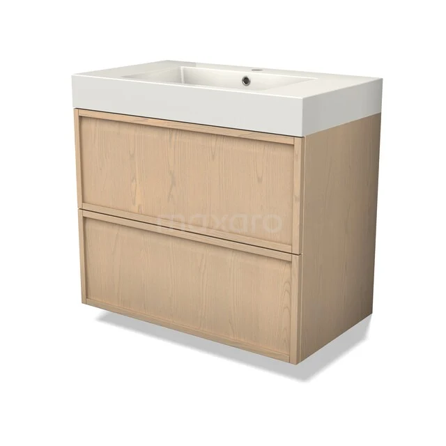 Wooden bathroom furniture with double drawers and a white sink; modern design for an organised bathroom.