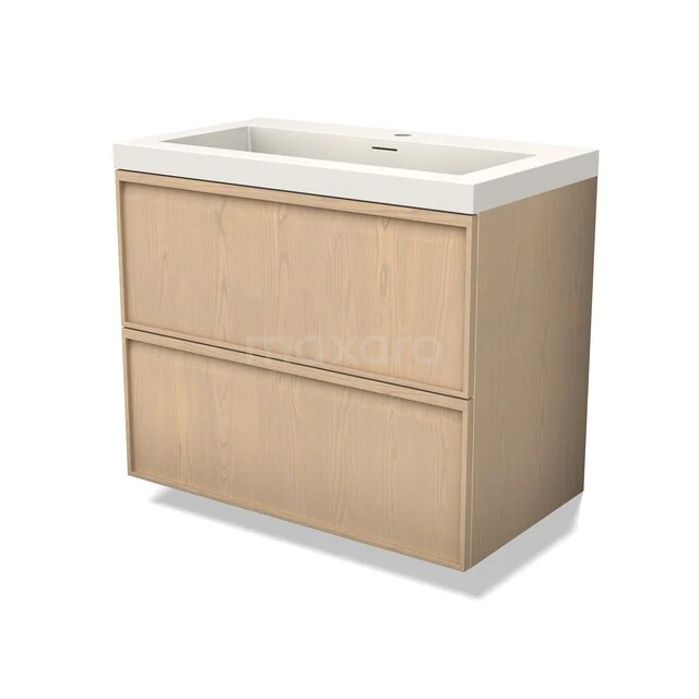 Houten badkamermeubel met twee lades, licht eiken kleur, inclusief witte wastafel, modern ontwerp geschikt voor minimalistische badkamers.
