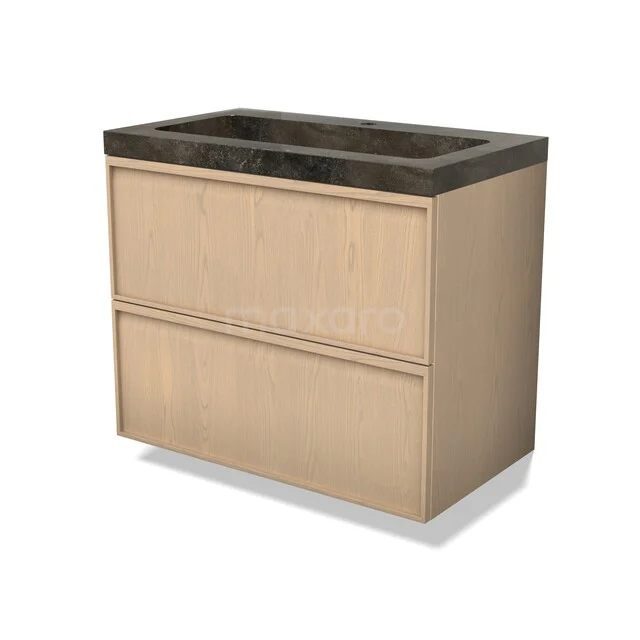 Eichenholz Badezimmermöbel mit zwei Schubladen und einem dunklen Natursteine Waschbecken, minimalistisches Design.