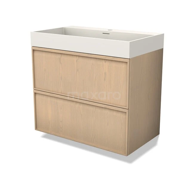 Modulo Plus Waschtische | 80 cm Natürliche Eiche Liste front Solid Surface 2 übereinanderliegende Schubladen BMW47-00072 Eiche Badmöbel mit zwei Schubladen, weißem Waschbecken und modernem Design, ideal für eine stilvolle und funktionale Badezimmer Einrichtung.