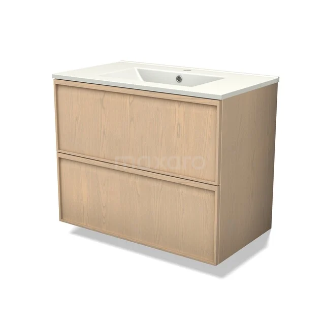Modulo Plus Vanity units with basin | 80 cm Natural oak Ledge front Ceramic 2 Stacked drawers BMW47-00077 Houten badkamermeubel met twee lades en een witte wastafel, strak design en geschikt voor moderne badkamerinterieurs.