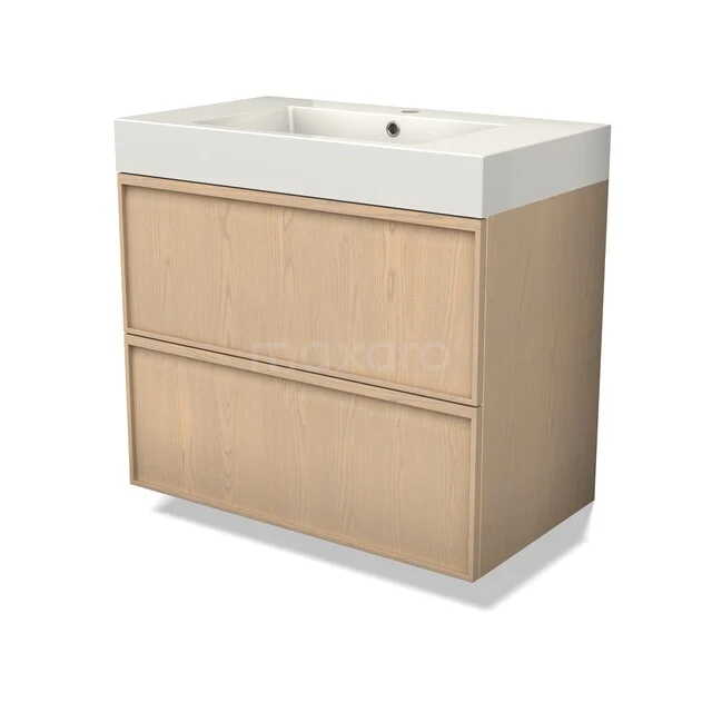 Houten badkamermeubel met twee lades, beige kleur, keramische wastafel, strak ontwerp, ideaal voor stijlvolle badkamerinrichting.