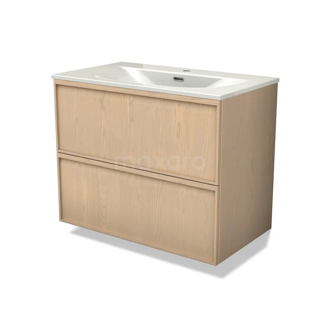 Wooden washbasin unit with two drawers and ceramic washbasin, ideal for stylish and practical bathroom storage.