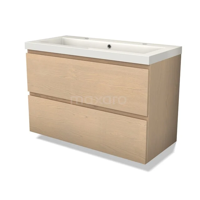 Modulo Plus Vanity units with basin | 100 cm Naturel eik Handle-less front Mineral marble 2 Stacked drawers BMW47-00084 Eikenhouten wastafelmeubel met twee lades en een witte keramische wastafel, ideaal voor een moderne badkamer.