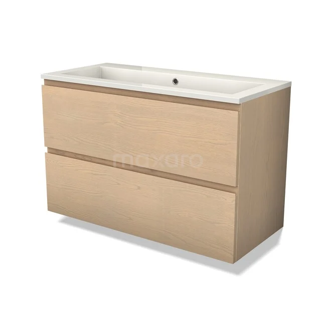 Modulo Plus Bathroom furniture with sink | 100 cm Natural oak Handle-less front Mineral marble 2 Stacked drawers BMW47-00085 Wooden bathroom cabinet with two drawers, light oak colour, including white sink, modern and sleek design.