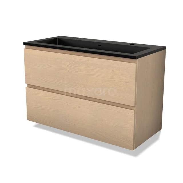 Wooden bathroom furniture with black sink, modern minimalist style, ideal for a sleek bathroom design.
