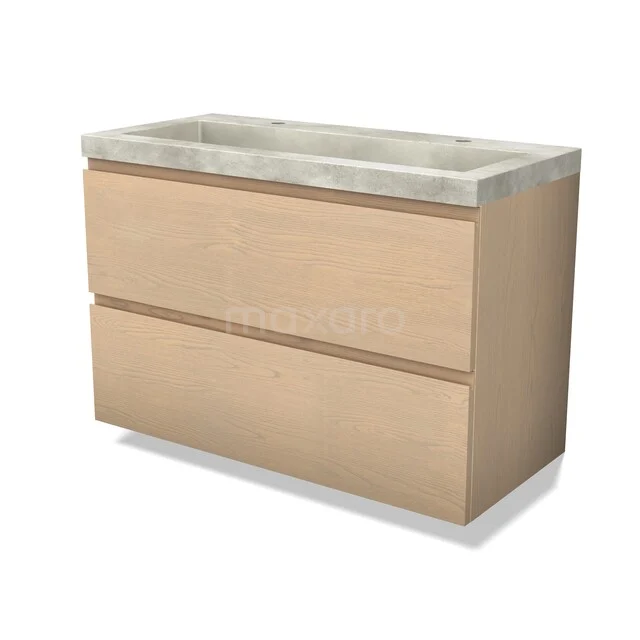 Houten badkamermeubel met twee lades, betonnen wastafelblad, modern design voor stijlvolle badkameropslag.