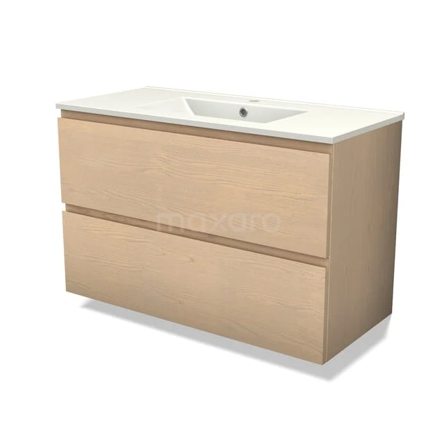Modulo Plus Vanity units with basin | 100 cm Naturel eik Handle-less front Ceramic 2 Stacked drawers BMW47-00098 Houten badkamermeubel met twee lades, lichte eikenhouten afwerking en ingebouwde wastafel; strak en modern design.