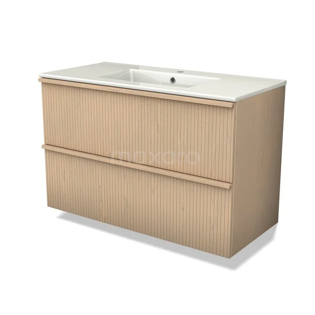 Modulo Plus Vanity units with basin | 100 cm Naturel eik Ribbel front Ceramic 2 Stacked drawers BMW47-00102 Houten badkamermeubel met twee lades, eiken look, inclusief witte keramische wastafel en modern minimalistisch design.