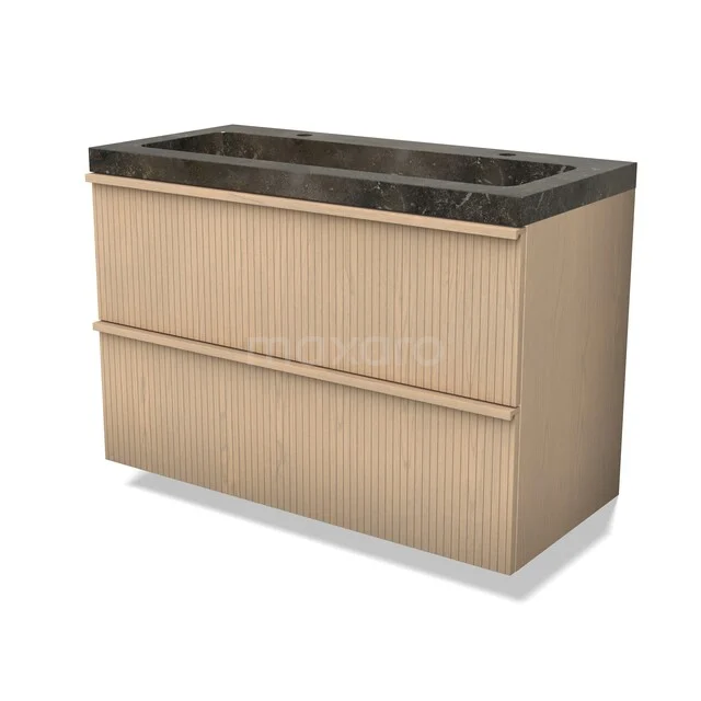 Modulo Plus Vanity units with basin | 100 cm Naturel eik Ribbel front Natural stone 2 Stacked drawers BMW47-00113 Houten wastafelmeubel met twee lades, houtlook en zwart marmeren blad, ideaal voor een moderne badkamerstijl.