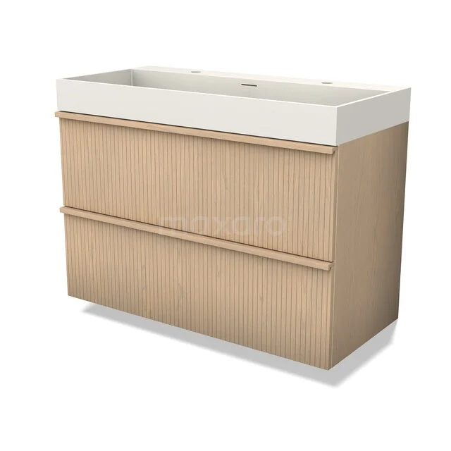 Modulo Plus Vanity units with basin | 100 cm Naturel eik Ribbel front Solid surface 2 Stacked drawers BMW47-00114 Houten badmeubel met twee lades, lichte eiken kleur, strak ontwerp en wastafel van wit keramiek. Perfect voor een moderne badkamer.