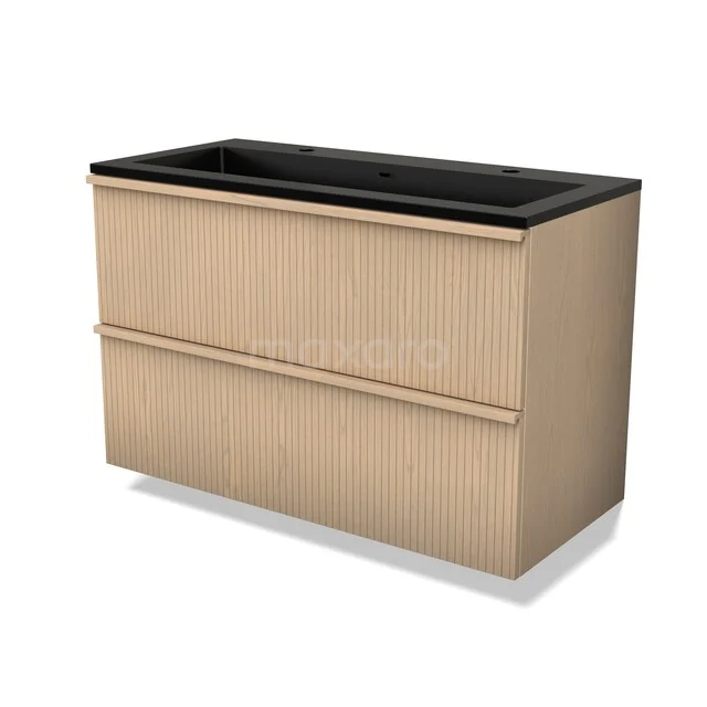 Eichen Badezimmermöbel mit schwarzem Waschbecken, zwei breiten Schubladen und modernem Design, ideal für eine stilvolle Badezimmer Einrichtung.