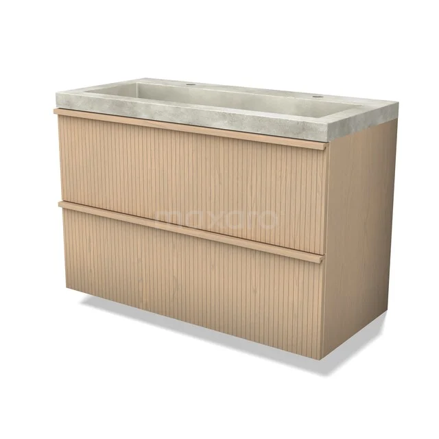 Wooden washbasin cabinet with double drawers, beige oak finish and a natural stone top, perfect for a stylish bathroom.