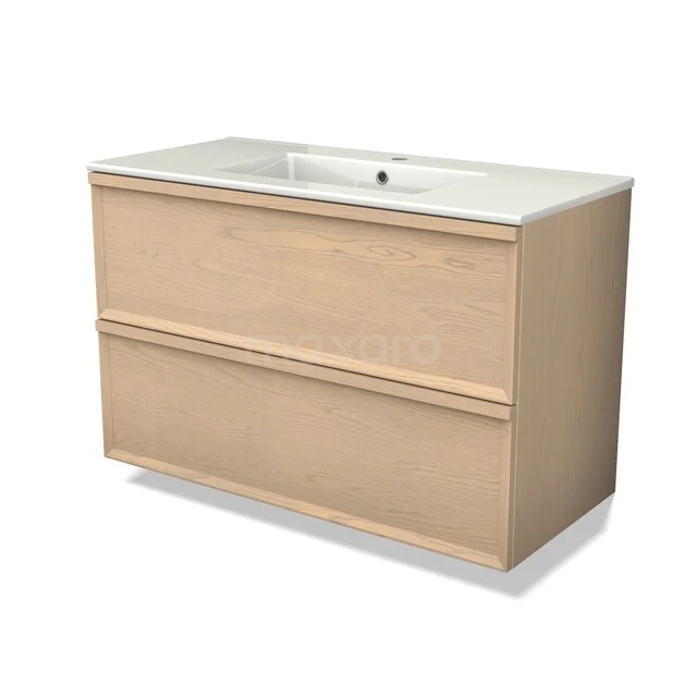 Modulo Plus Vanity units with basin | 100 cm Naturel eik Facet front Ceramic 2 Stacked drawers BMW47-00123 Houten badkamermeubel met dubbele lades, naturel eiken kleur, inclusief wit keramische wastafel, strak en modern design.