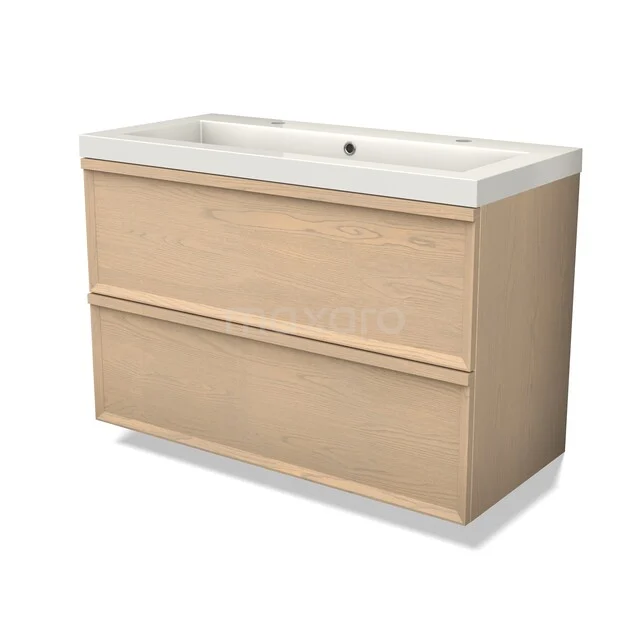 Modulo Plus Vanity units with basin | 100 cm Naturel eik Facet front Mineral marble 2 Stacked drawers BMW47-00126 Houten badkamermeubel met twee lades, licht eiken afwerking, geïntegreerde witte wastafel en strak modern ontwerp.
