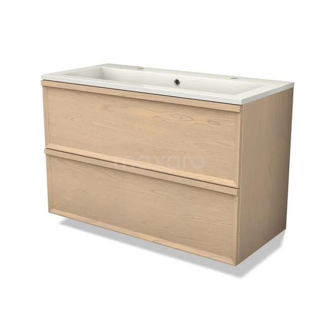Wooden bathroom cabinet with two drawers, light oak colour, white sink and sleek modern design.
