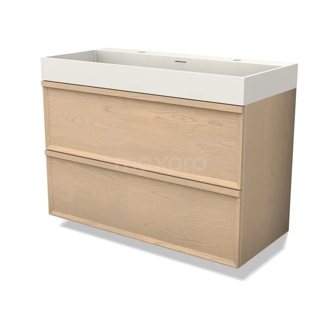 Oak bathroom furniture with two drawers, modern design and white ceramic washbasin top, ideal for a stylish bathroom.