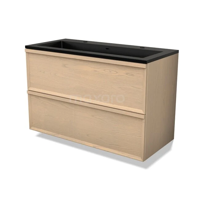 Holz Badezimmermöbel mit zwei Schubladen, hell Eiche, Schwarz Waschbeckenplatte, schlankes Design, perfekt für moderne Bäder.