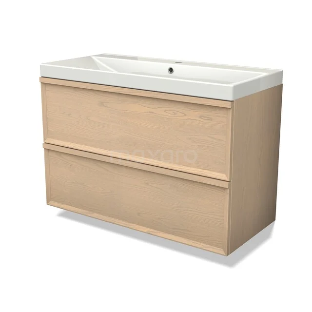Wooden bathroom furniture with two drawers, light oak colour, ceramic sink and modern sleek finish.