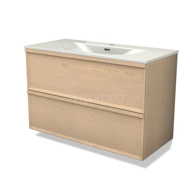 Wooden bathroom furniture with light oak finish, two drawers and built-in white sink, ideal for modern bathrooms.