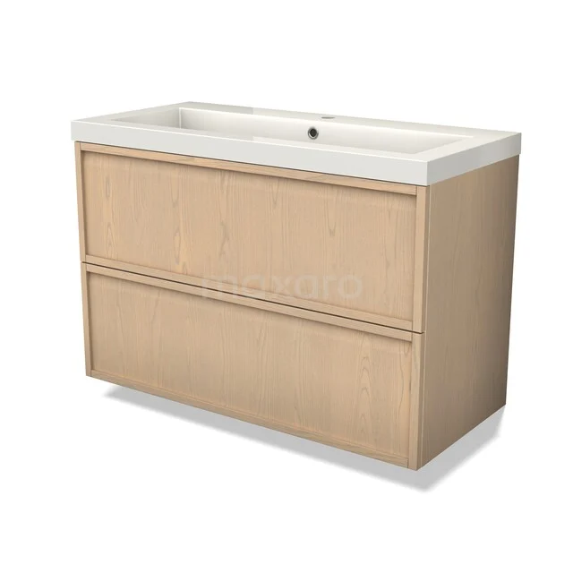 Modulo Plus Vanity units with basin | 100 cm Naturel eik Frame front Mineral marble 2 Stacked drawers BMW47-00146 Houten badkamermeubel met dubbele lade, licht eiken afwerking en geïntegreerde wastafel, moderne serie.