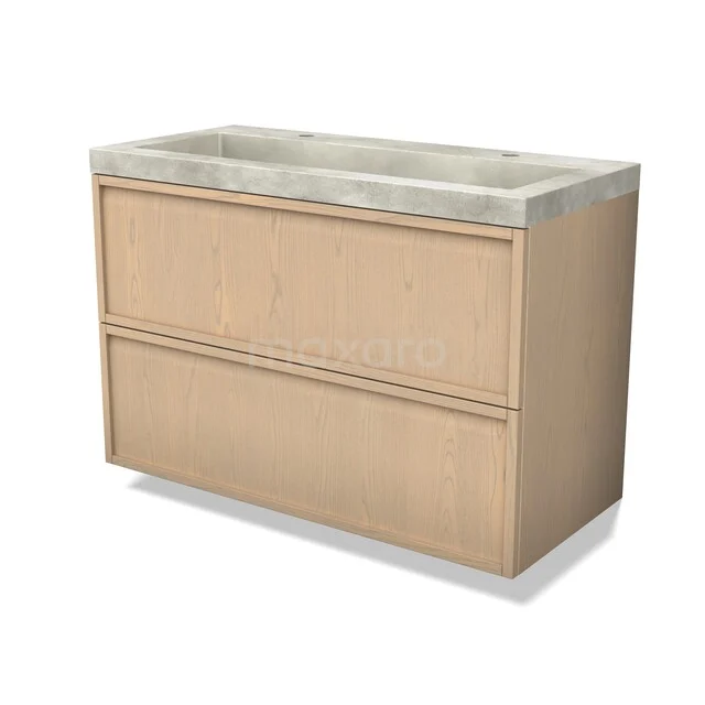 Modulo Plus Vanity units with basin | 100 cm Naturel eik Frame front Concrete 2 Stacked drawers BMW47-00158 Houten badkamermeubel met moderne beige afwerking, twee lades en een natuurstenen wastafelblad.