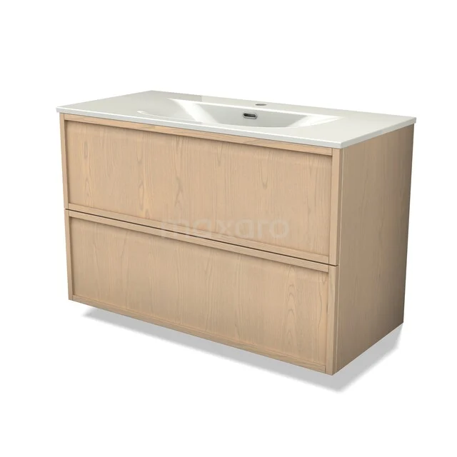 Modulo Plus Vanity units with basin | 100 cm Naturel eik Frame front Ceramic 2 Stacked drawers BMW47-00164 Houten badkamermeubel met spoelbak, licht eiken design, mat afgewerkt, voorzien van twee ruime lades voor praktische opbergruimte.