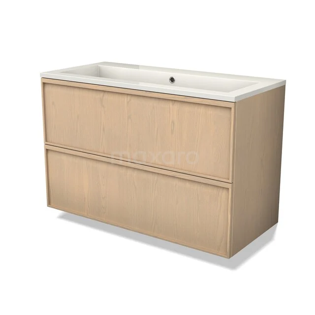 Wooden bathroom furniture with two drawers and a white sink, modern design made from sustainable materials for a stylish bathroom.