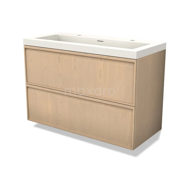 Wooden bathroom furniture with two drawers, light oak finish, white sink, ideal for a modern bathroom design.