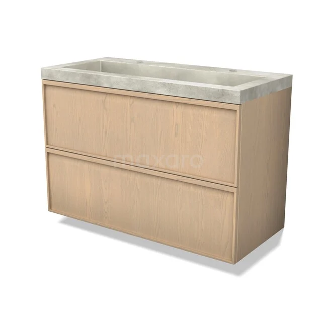 Light oak bathroom furniture with a concrete-look washbasin top, two handleless drawers, ideal for modern bathrooms.