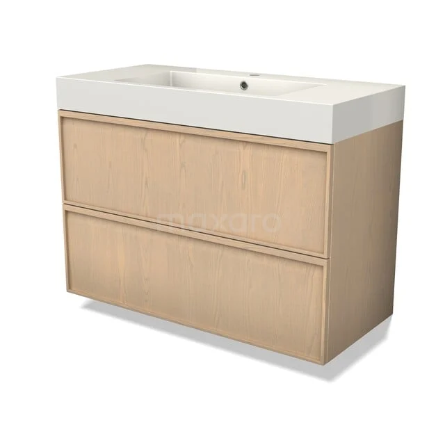 Houten badkamermeubel met twee lades, licht eiken afwerking, wit keramisch wastafelblad, modern design.
