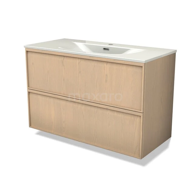 Modulo Plus Waschtische | 100 cm Natürliche Eiche Liste front Keramik 2 übereinanderliegende Schubladen BMW47-00185 Holz Badezimmermöbel mit zwei Schubladen, beige Farbe, keramisches Waschbecken, minimalistisches Design für moderne Bäder.