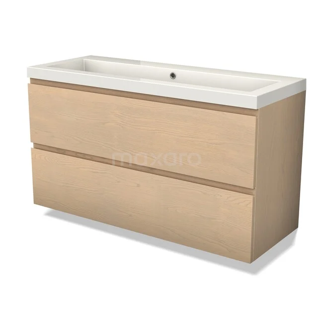Modulo Plus Vanity units with basin | 120 cm Natural oak Handle-less front Mineral marble 2 Stacked drawers BMW47-00186 Houten badkamermeubel met twee lades en witte keramische wastafel, modern ontwerp uit de Luxe Line-serie.