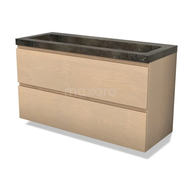 Wooden bathroom furniture with black natural stone sink, modern design and two drawers for practical storage space.