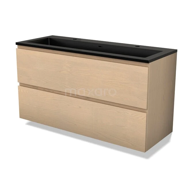 Badkamermeubel met twee lades, naturel eikenhout, zwart wastafelblad, modern design, ideaal voor een strakke badkamer.