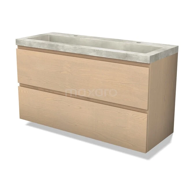 Houten badkamermeubel met twee lades en een betonlook wastafel, modern design ideaal voor stijlvolle badkamerinrichting.