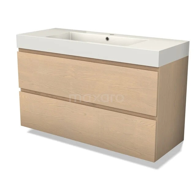 Modulo Plus Vanity units with basin | 120 cm Natural oak Handle-less front Mineral marble 2 Stacked drawers BMW47-00199 Houten badkamermeubel met twee lades, licht eiken kleur, wit keramische wastafel, strak en modern design.