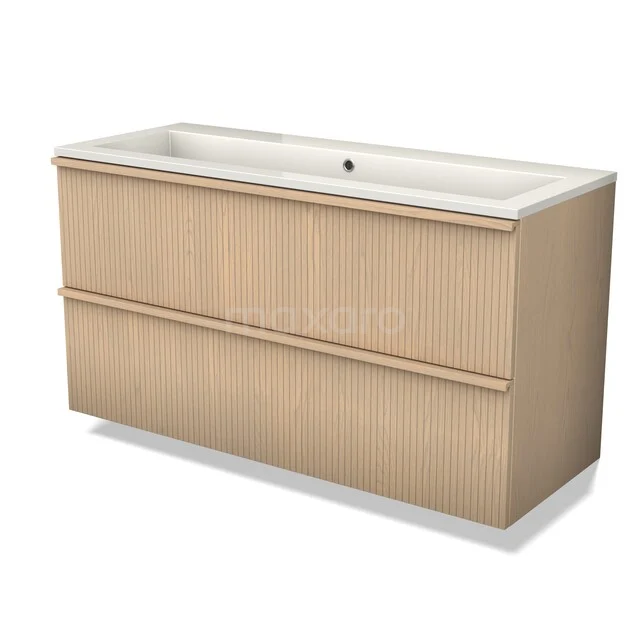 Modulo Plus Waschtische | 120 cm Natürliche Eiche Riffel front Mineralguss 2 übereinanderliegende Schubladen BMW47-00202 Holz Badezimmermöbel mit heller Eiche Oberflächenbehandlung, doppelten Schubladen und integriertem Waschbecken, ideal für ein modernes Badezimmer.