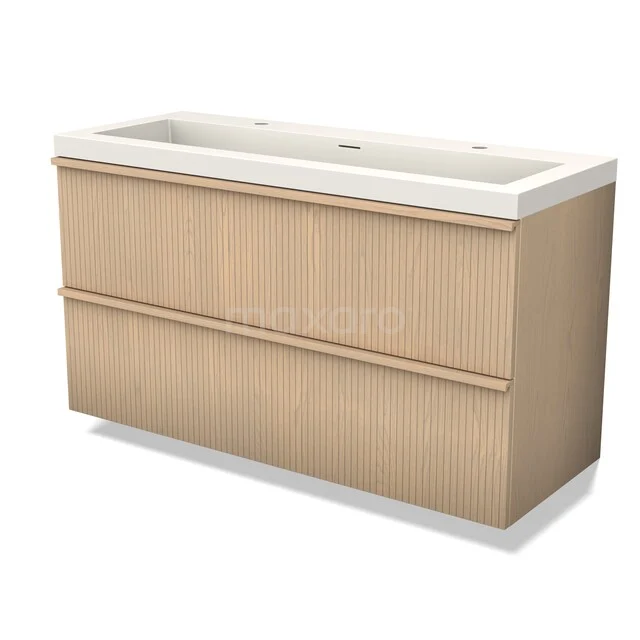 Bathroom furniture with a wood look, white sink, double drawers, and sleek design for a modern bathroom decor.