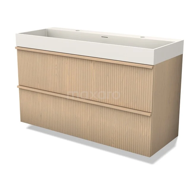 Modulo Plus Vanity units with basin | 120 cm Natural oak Ribbing front Solid surface 2 Stacked drawers BMW47-00209 Houten badkamermeubel met dubbele wastafel, eikenlook, modern design, perfecte opbergruimte voor een georganiseerde badkamer.