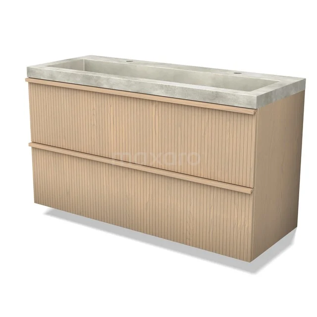 Modulo Plus Vanity units with basin | 120 cm Natural oak Ribbing front Concrete 2 Stacked drawers BMW47-00211 Houten badkamermeubel met twee lades en betonnen wastafel, modern ontwerp voor een stijlvolle badkamerinrichting.