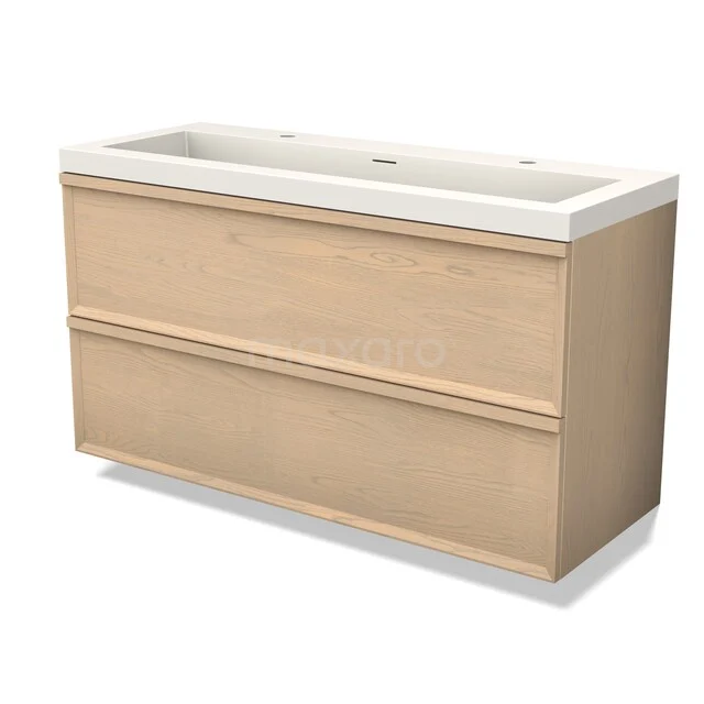 Wooden bathroom furniture with double sink, light oak appearance, modern design, ideal for stylish bathroom interiors.