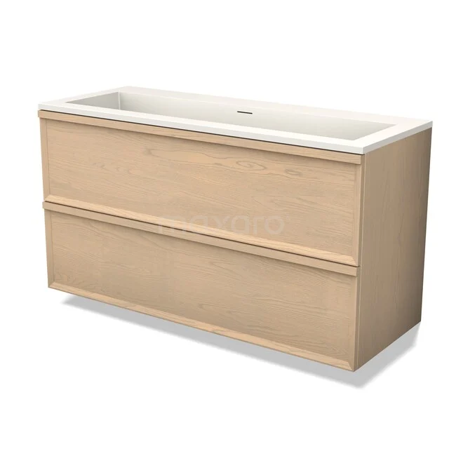 Oak bathroom furniture with two drawers, modern design and white sink, ideal for a stylish and functional bathroom.