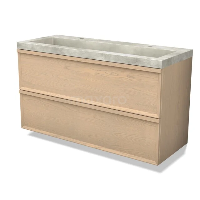 Modulo Plus Badkamermeubel met wastafel | 120 cm Naturel eik Facet front Beton 2 lades onder elkaar BMW47-00225 Houten badkamermeubel met twee lades, licht eiken kleur en betonnen wastafel, ideaal voor moderne badkamerinrichting.