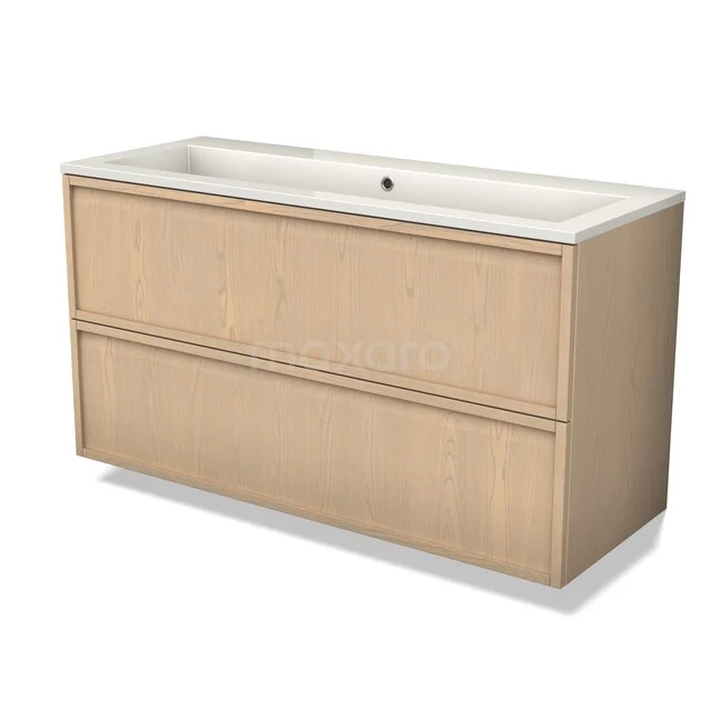 Houten badkamermeubel met 2 lades, licht eiken afwerking en geïntegreerde witte wastafel, modern en ruimtebesparend design.