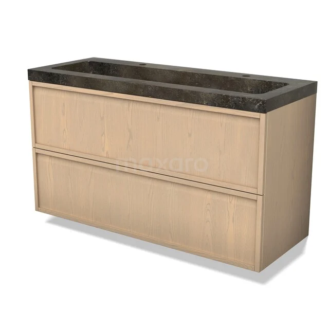Oak bathroom furniture with a black natural stone sink, sleek design with two drawers for stylish bathroom storage.